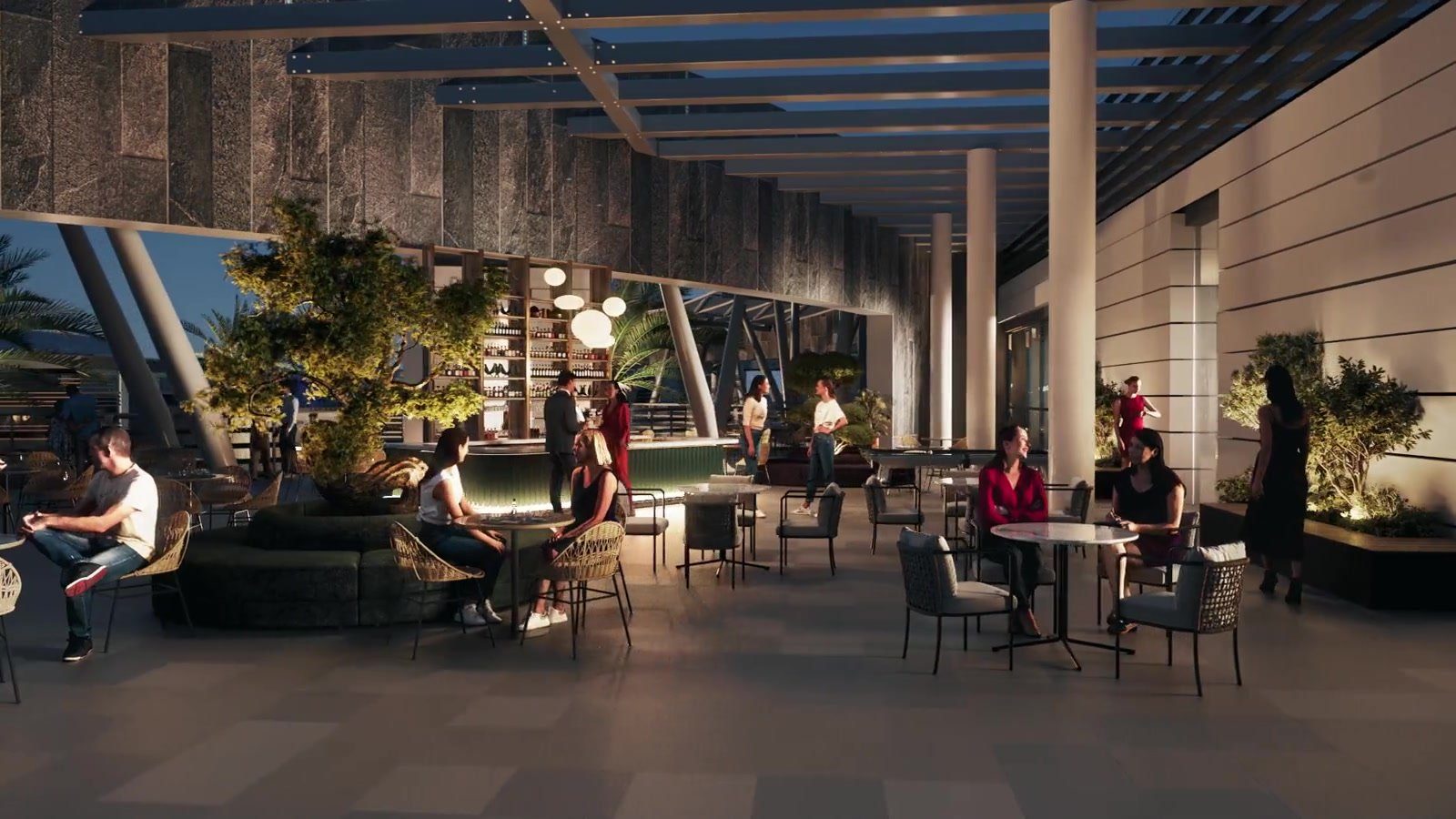A SKYWALK rooftop lounge at dusk