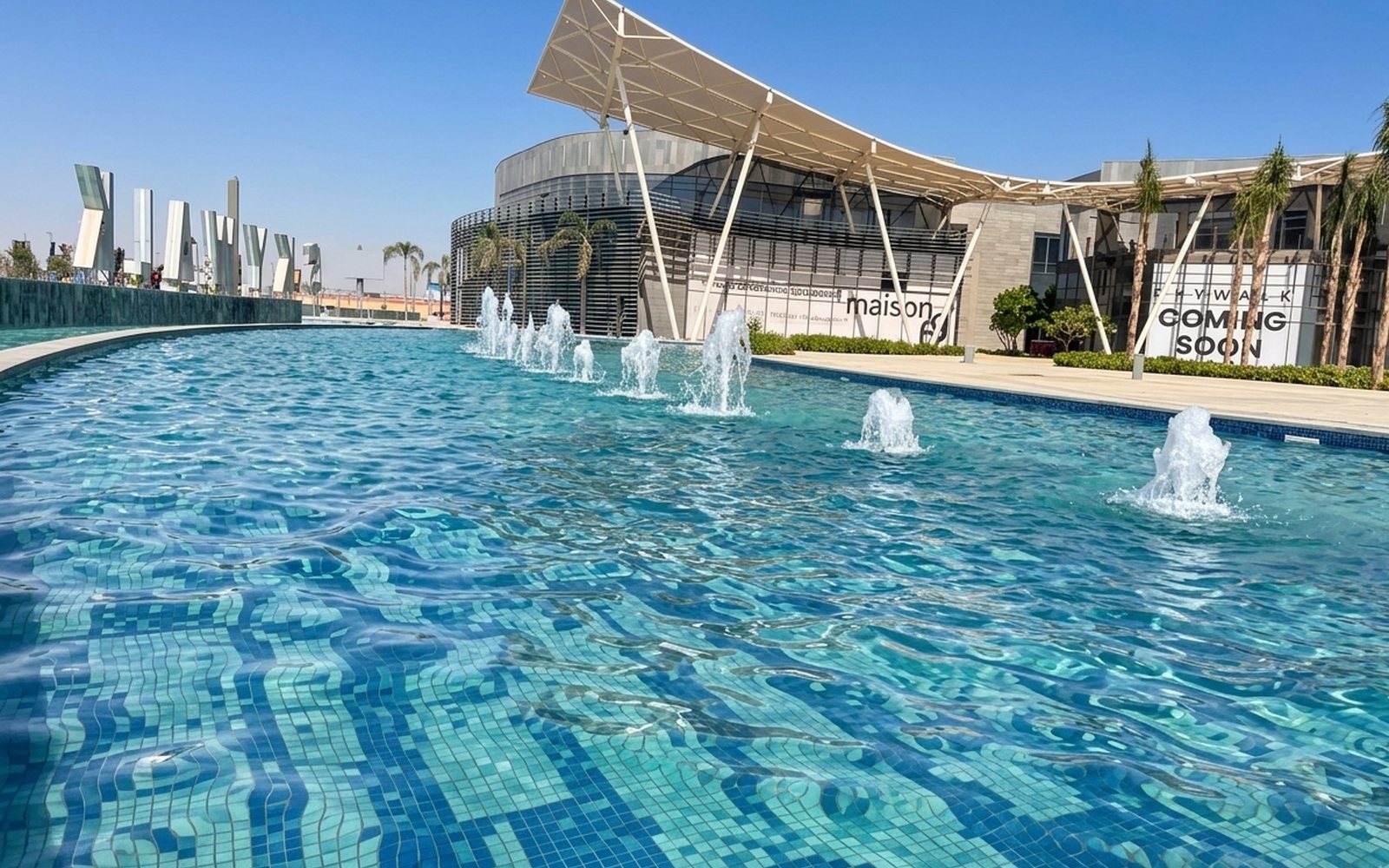Water features at SKYWALK, illuminated at night