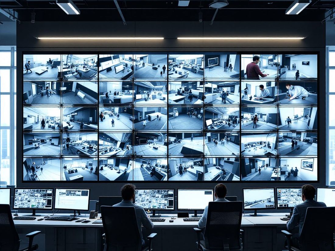 Security control room with a wall of CCTV feeds