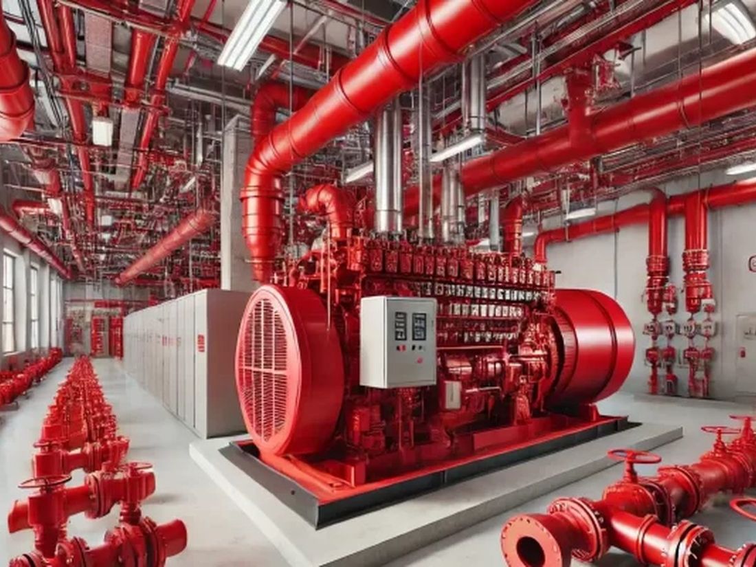 Fire fighting pump room with sprinkler risers and valves