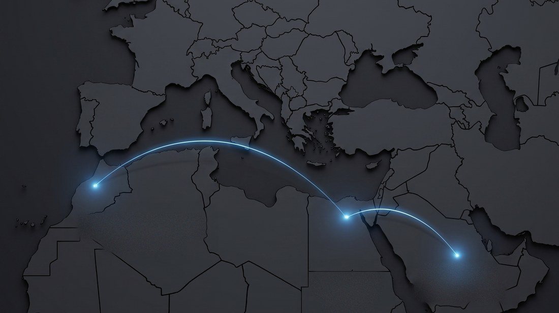 Map of the Middle East and North Africa showing SKYWALK's footprint in Cairo Egypt, Riyadh Saudi Arabia, and Casablanca Morocco